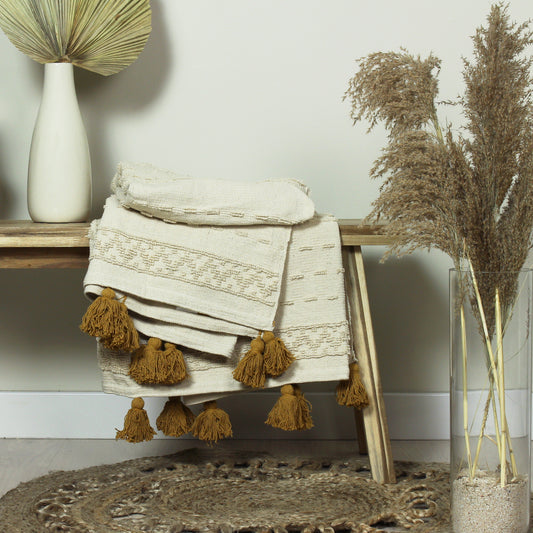 Boho Ochre Cotton Tufted Throw Blanket