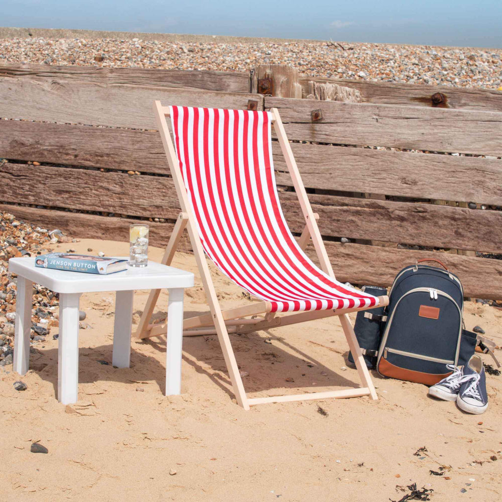 Orange and White Stripe Folding Wooden Deck Chair