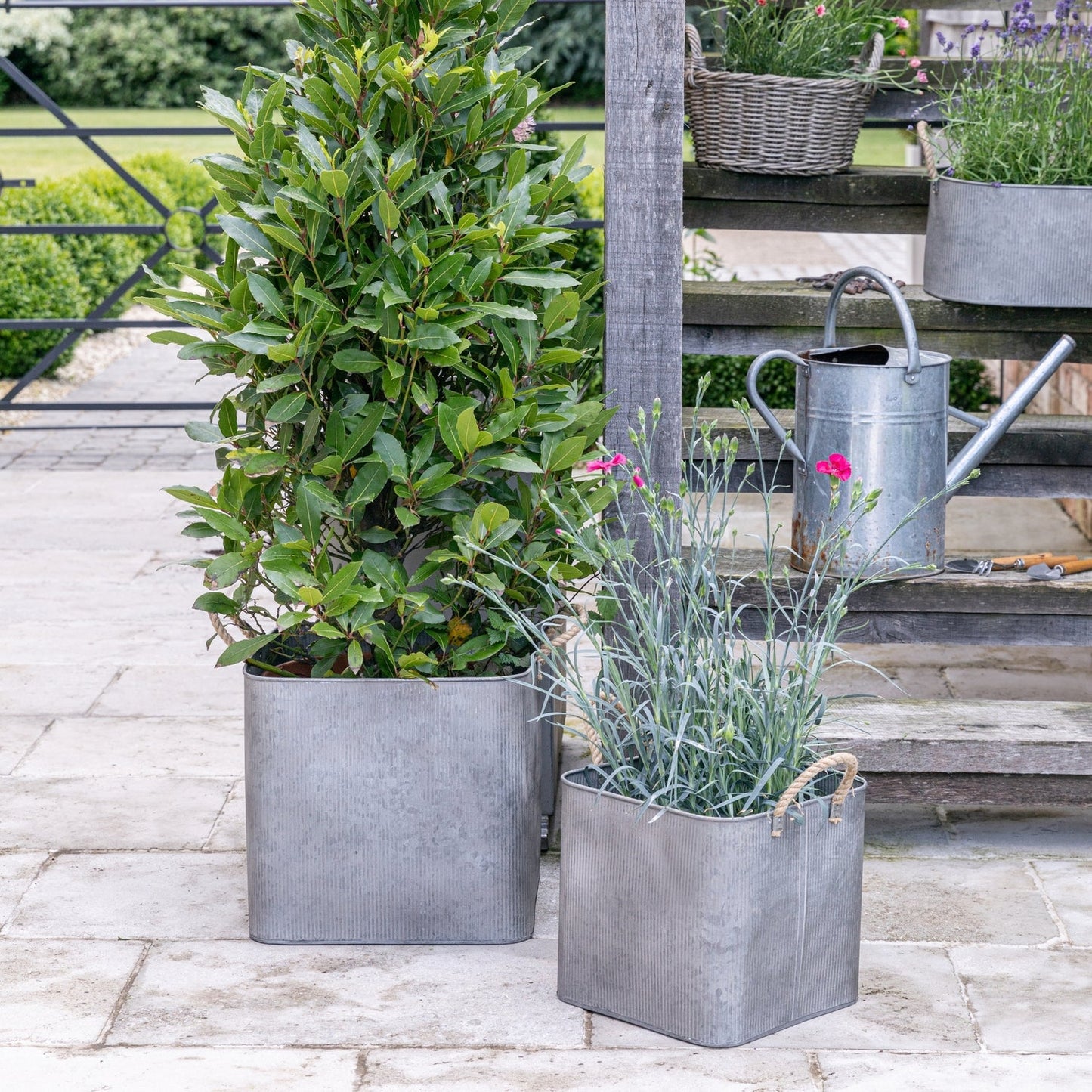 Outdoor Galvanised Rope Handle Square Planter, Set of Two