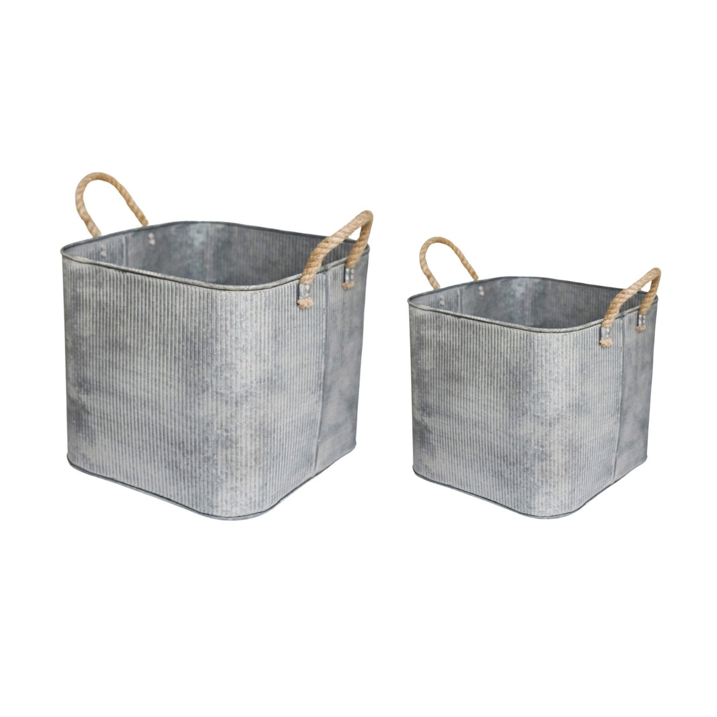 Outdoor Galvanised Rope Handle Square Planter, Set of Two