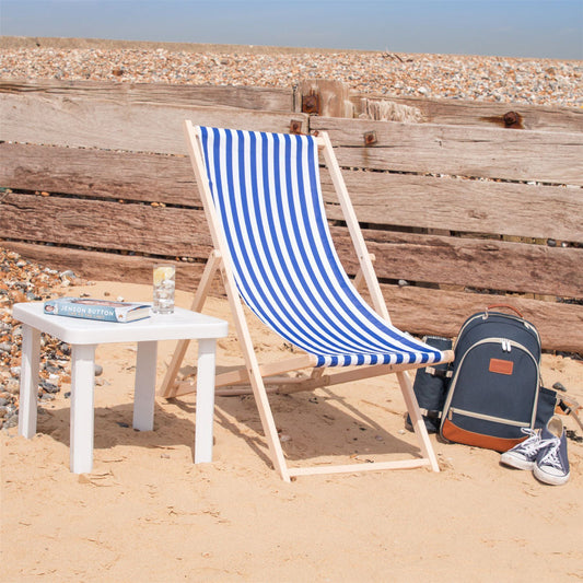 Blue and White Stripe Folding Wooden Deck Chair