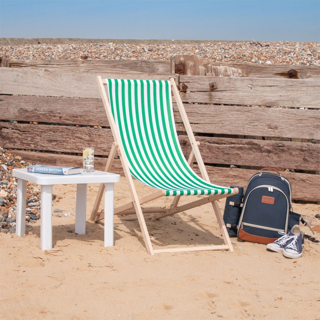 Green and White Stripe Folding Wooden Deck Chair